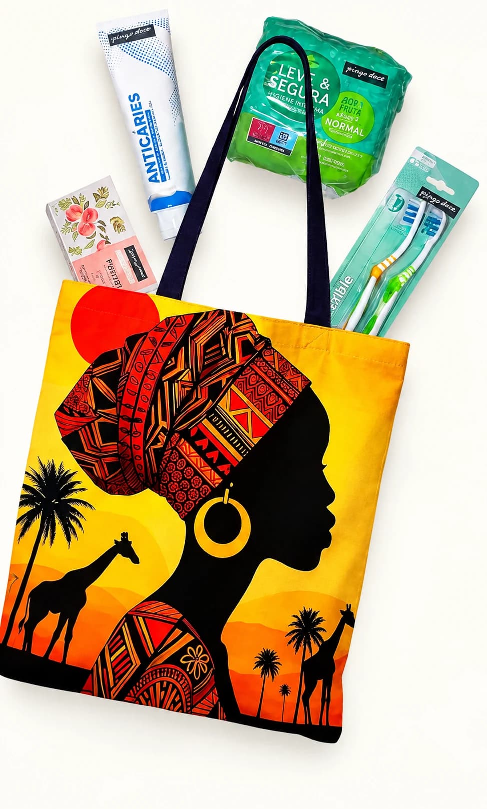 Kit de solidariedade do Além do Espelho 2026 com silhueta de mulher africana, girafas e produtos de higiene